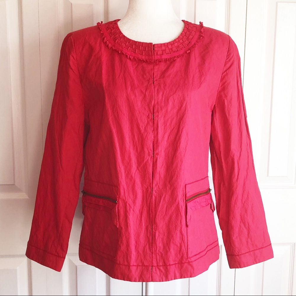 T Tahari Light Red Fringe Trim Long Sleeve Blazer Jacket Size 14